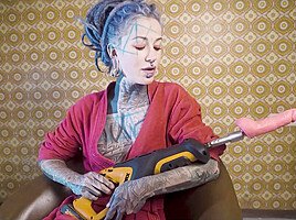 Tattooed teen 18+ Testing Fuck Machine With Her Anal, Blue Hair